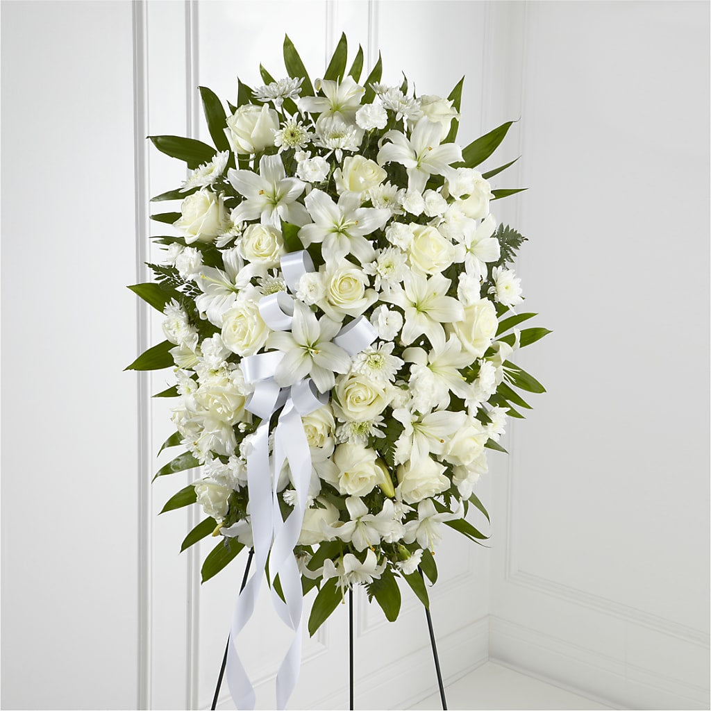 Exquisite Tribute Standing Spray-White Ribbon – Bakers, Wichita KS