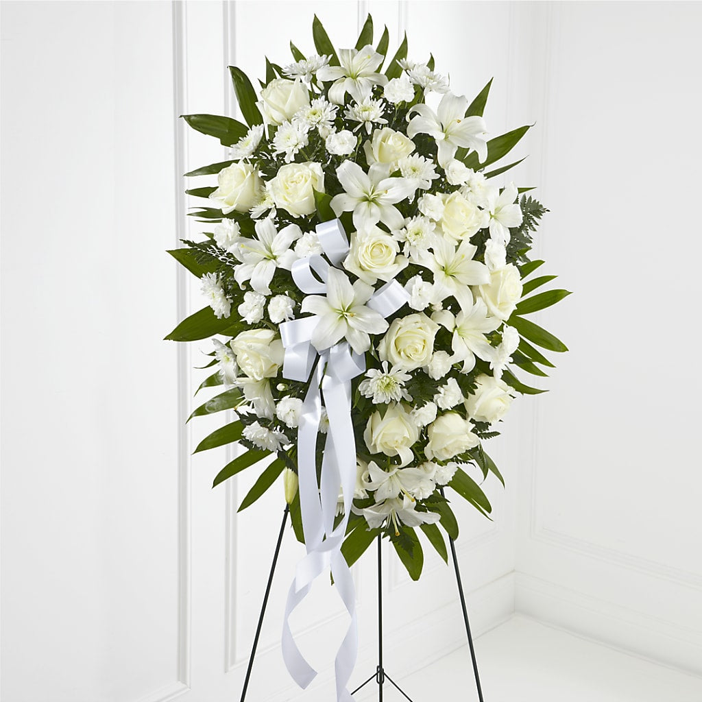 Exquisite Tribute Standing Spray-White Ribbon – Bakers, Wichita KS
