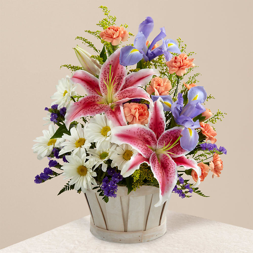 lilies flower shop wichita kansas The Wondrous Nature Bouquet – blue, orange, purple, white, yellow flower arrangement | Wichita, KS